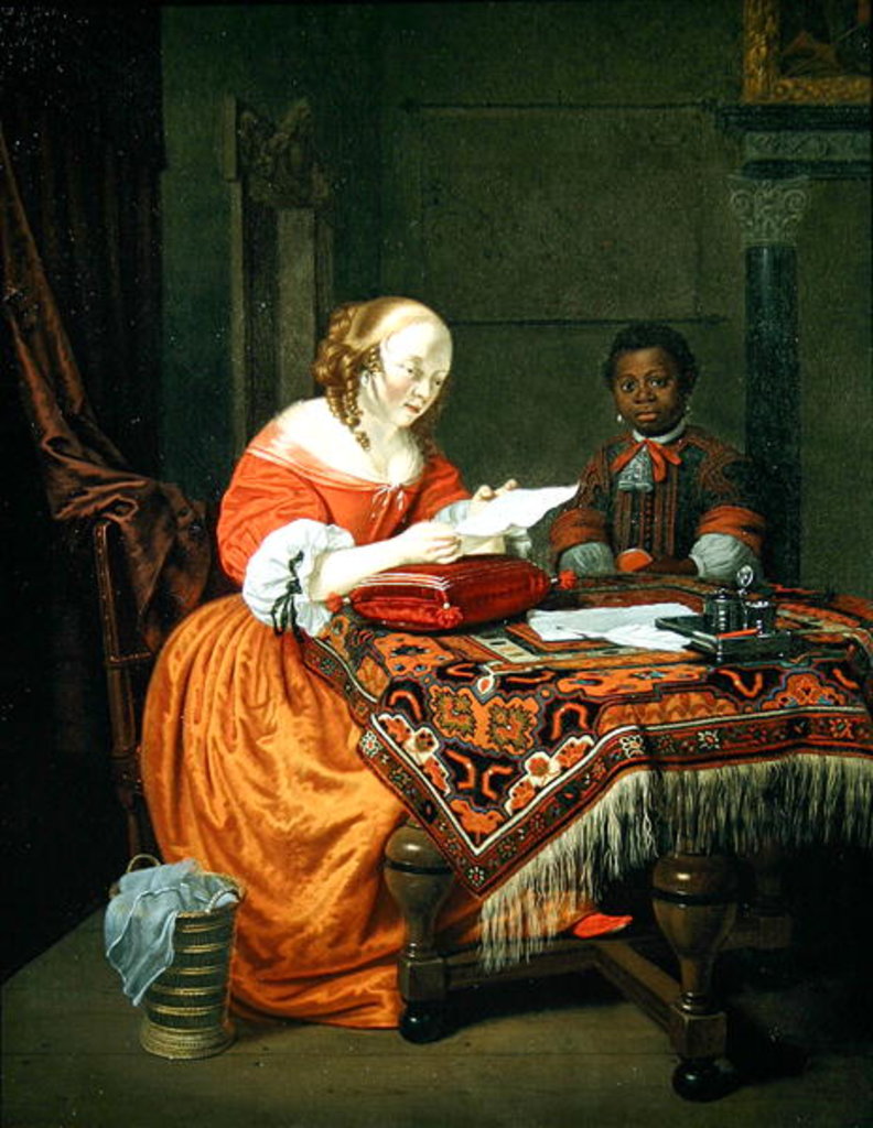 Detail of A Woman Reading a Letter with a Negro Page in Attendance, 1670 by Michiel van Musscher