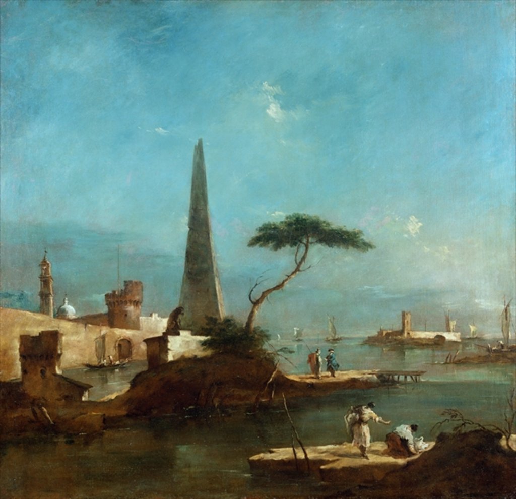 Detail of Obelisk beside the entrance to a walled harbour by Francesco Guardi
