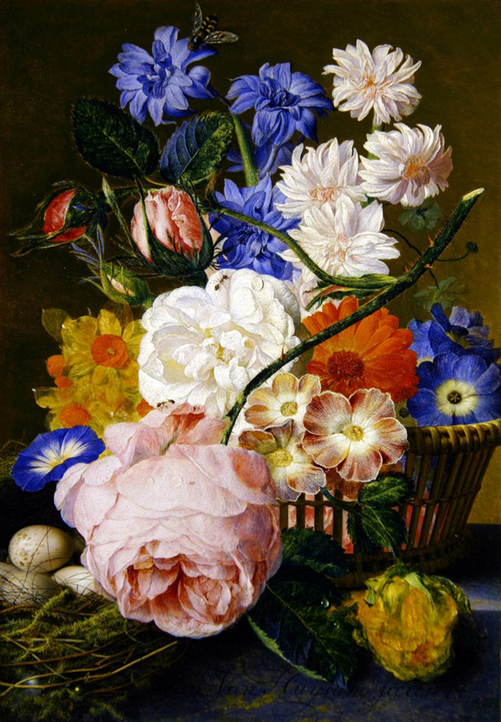 Detail of Roses, morning glory, narcissi, aster and other flowers in a basket, with eggs in a nest on a marble ledge, 1744 by Jan van Huysum