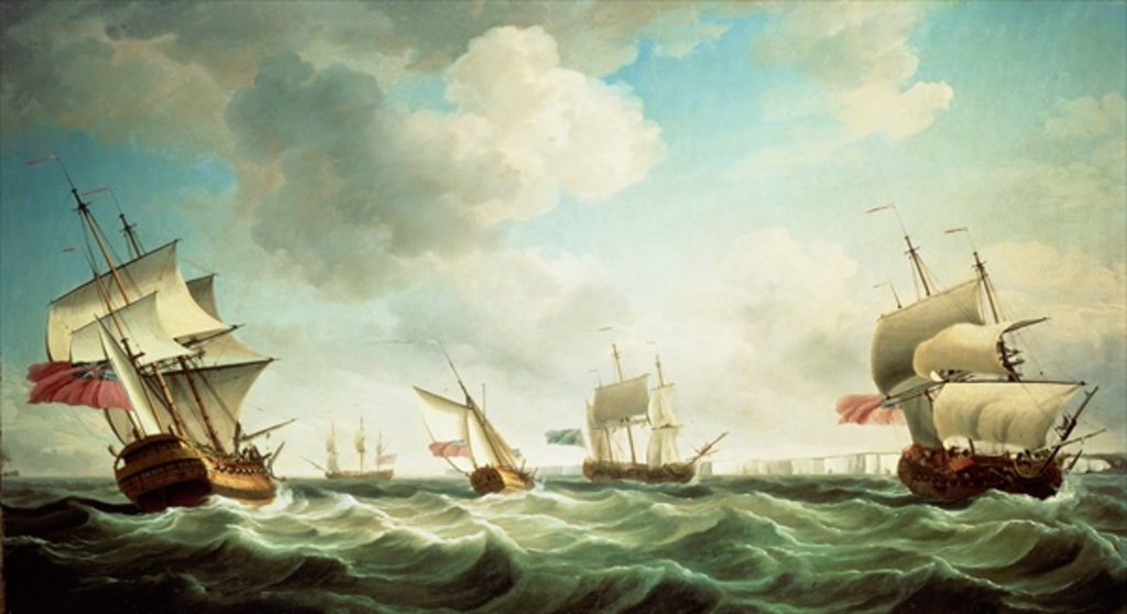 Detail of East Indiamen and a smack-rigged Royal Yacht in a breeze off the Downs by Charles Brooking