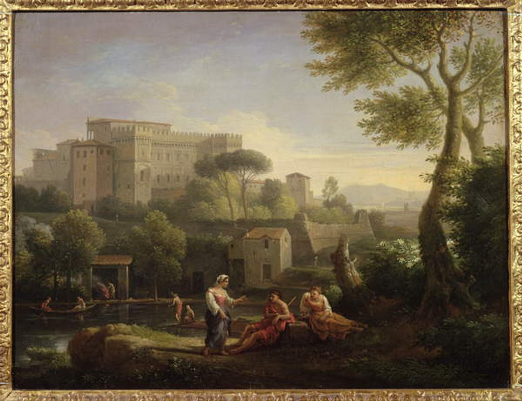 Detail of Landscape with figures and a fortress by a river by Jan Frans van Bloemen