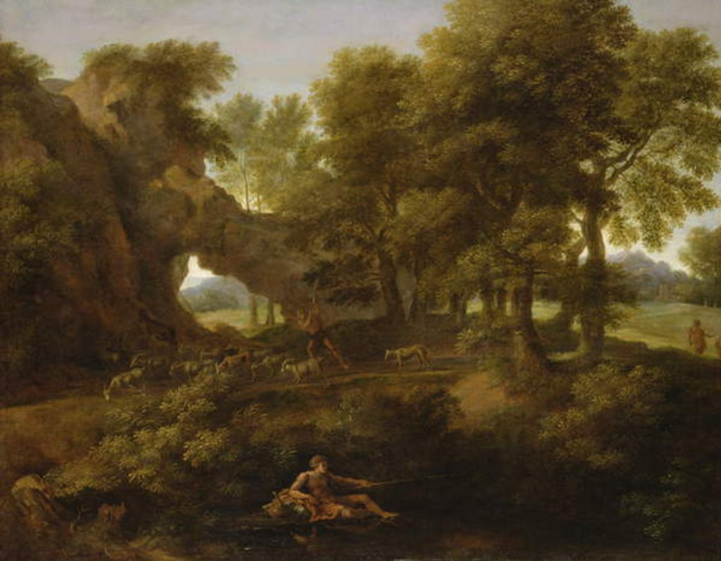 Detail of Landscape with a fisherman, a shepherd and other figures by Gaspard Poussin Dughet
