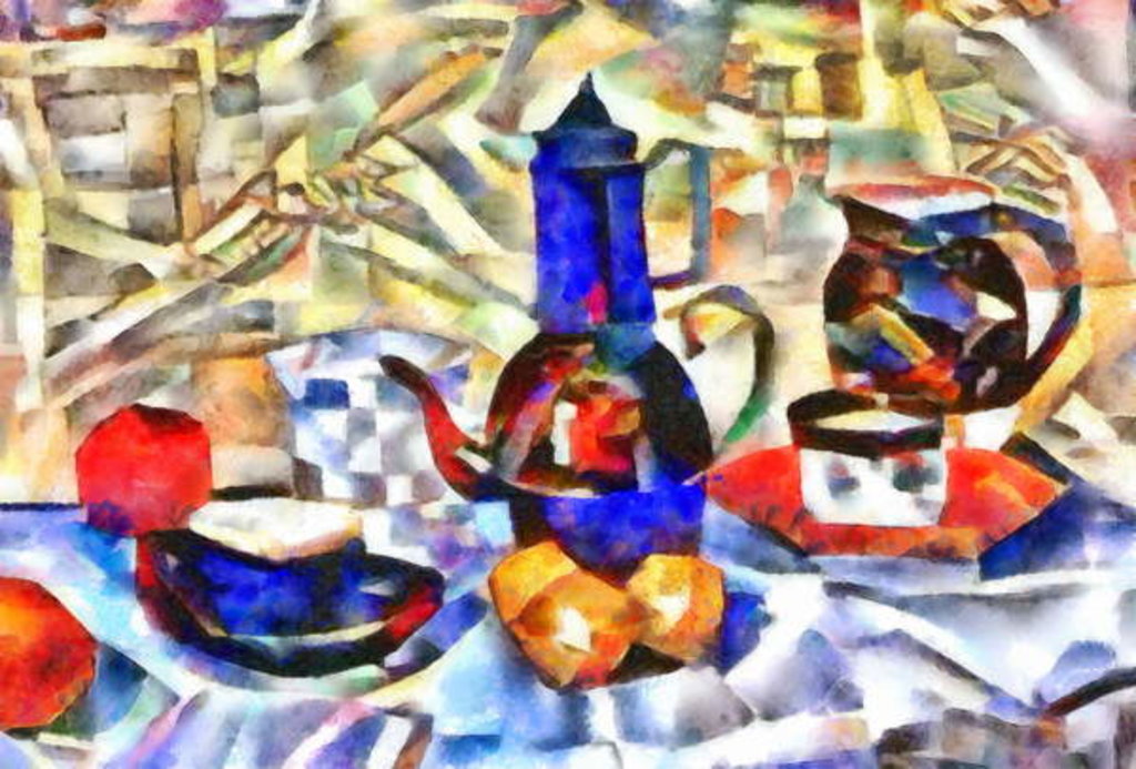 Detail of Blue decanter and blue сup, 2017 by Alex Caminker