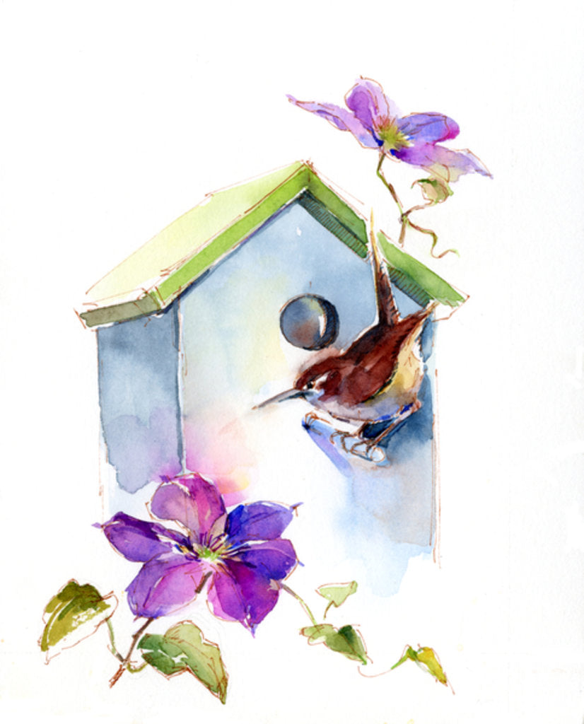 Detail of Wren with birdhouse and clematis, 2016 by John Keeling