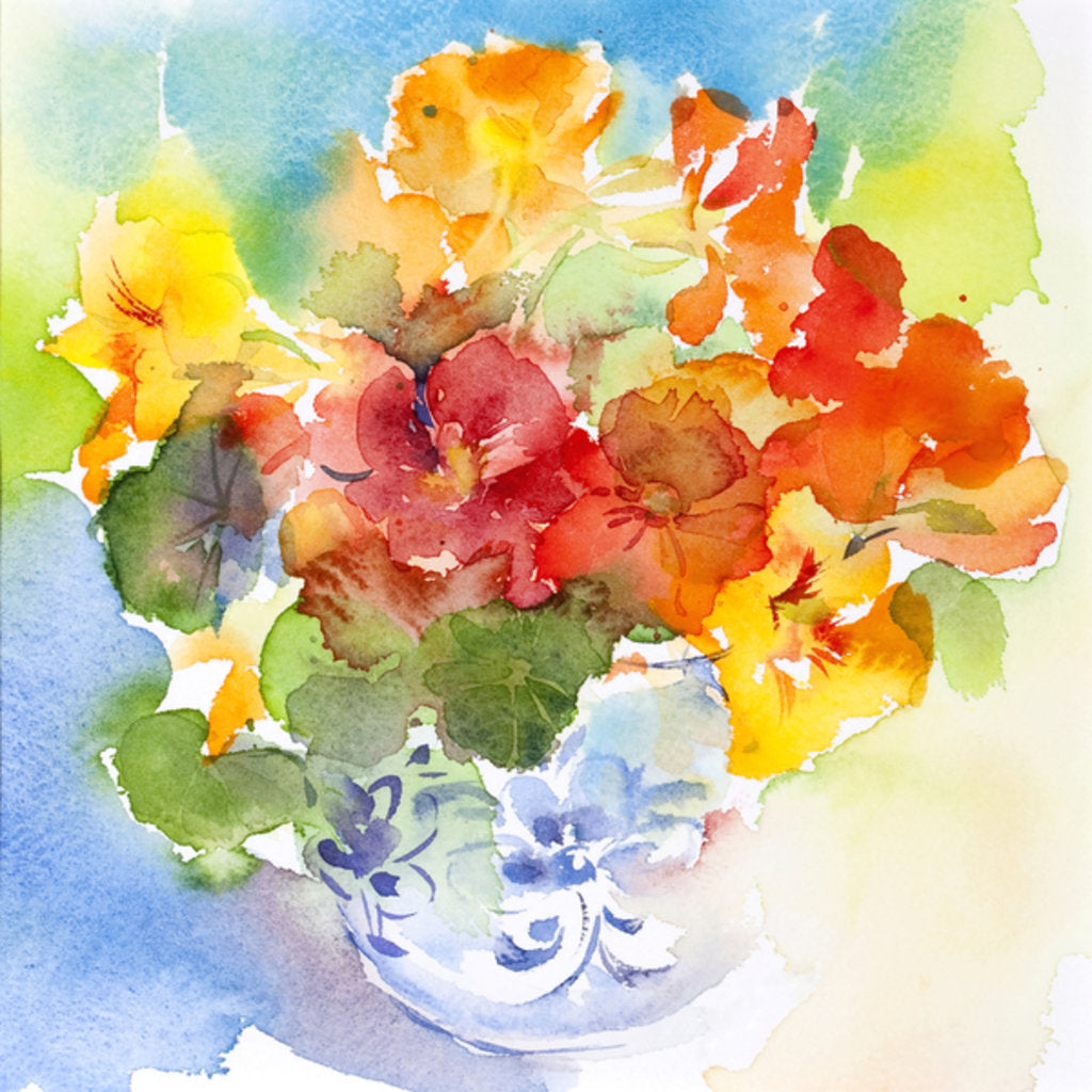 Detail of Nasturtium in Delft vase, 2013 by John Keeling