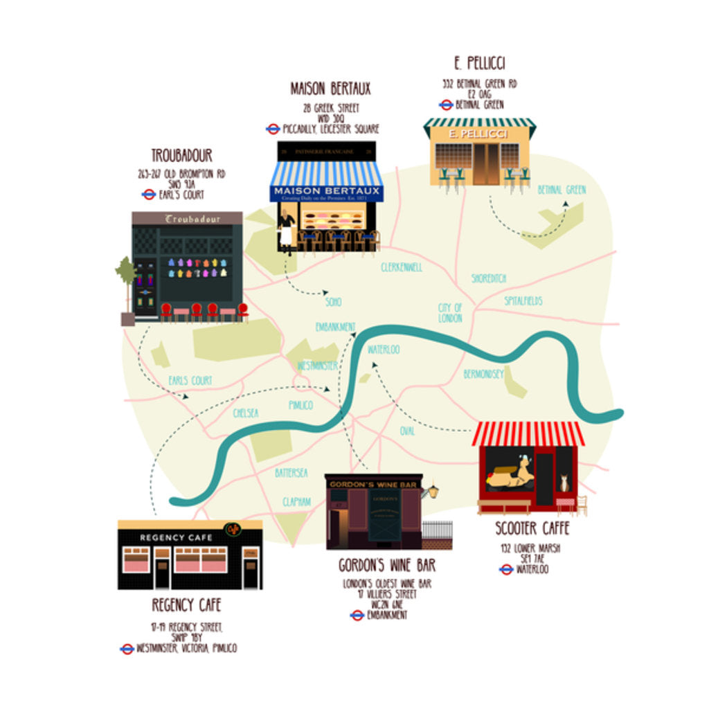 Detail of Map of Unique London Eateries and Bars, 2017 by Claire Huntley