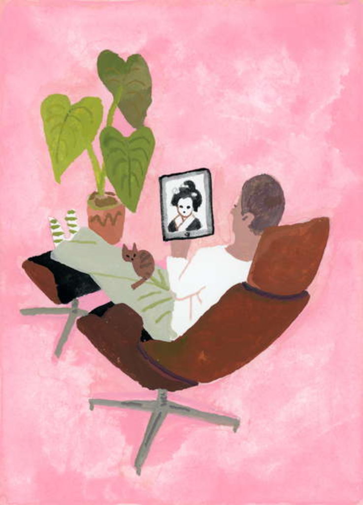 Detail of A man watching geisha girl on the iPad, 2017 by Hiroyuki Izutsu