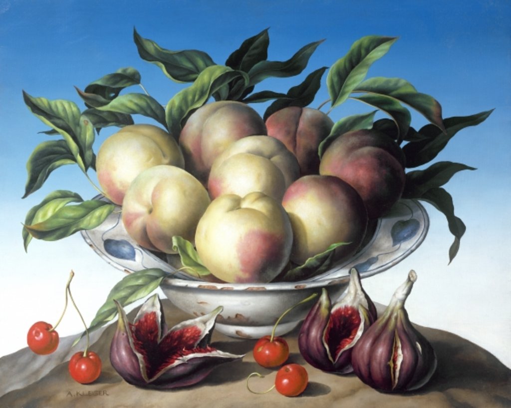 Detail of Peaches in Delft bowl with purple figs by Amelia Kleiser
