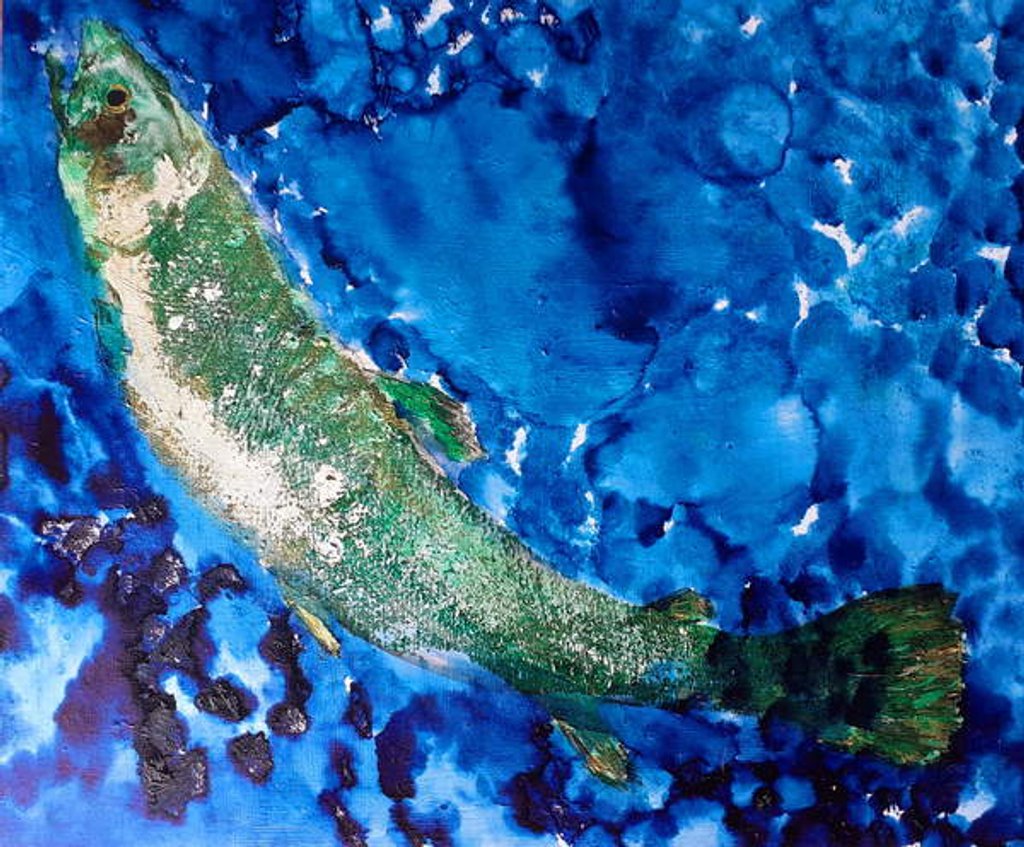 Detail of single Salmon with weed, 2019 by jocasta shakespeare