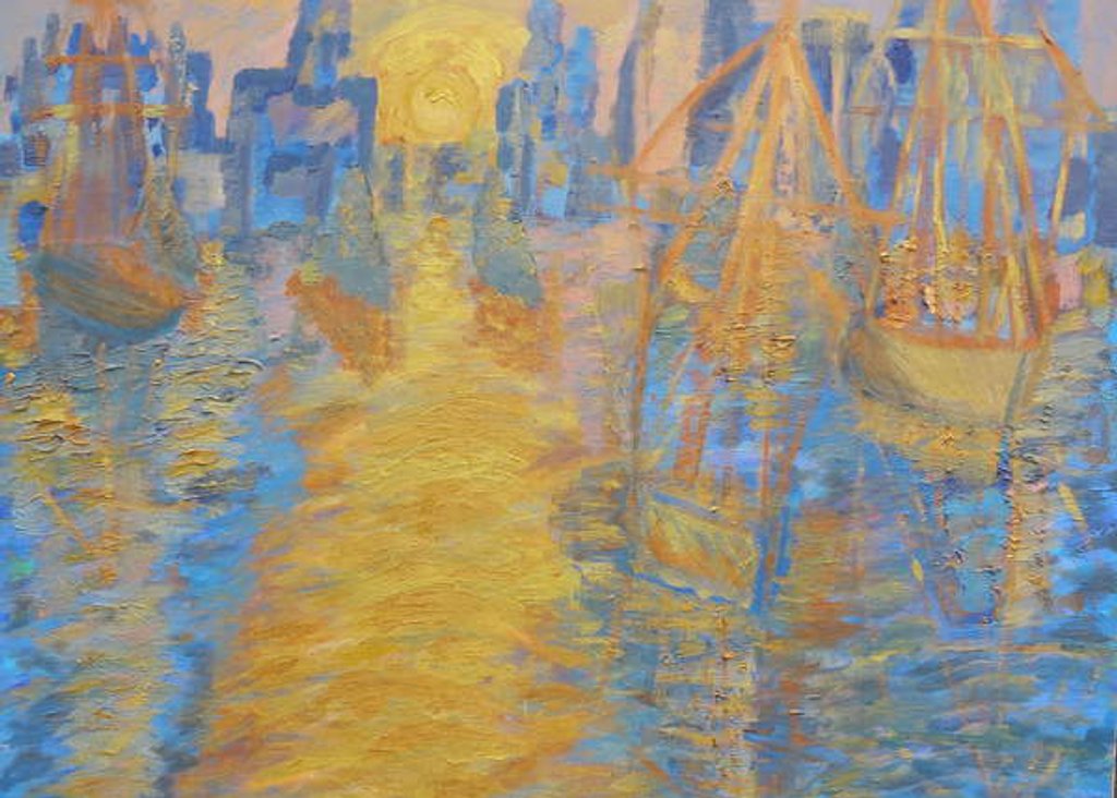 Detail of London skyline, tall ships and Thames barrier, 2015 by Cosima Duggal