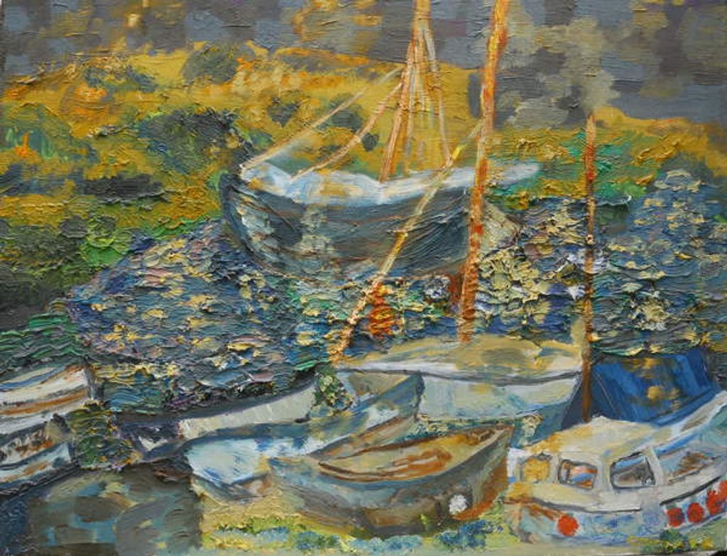 Detail of Mousehole harbour, resting boats, 2014 by Cosima Duggal