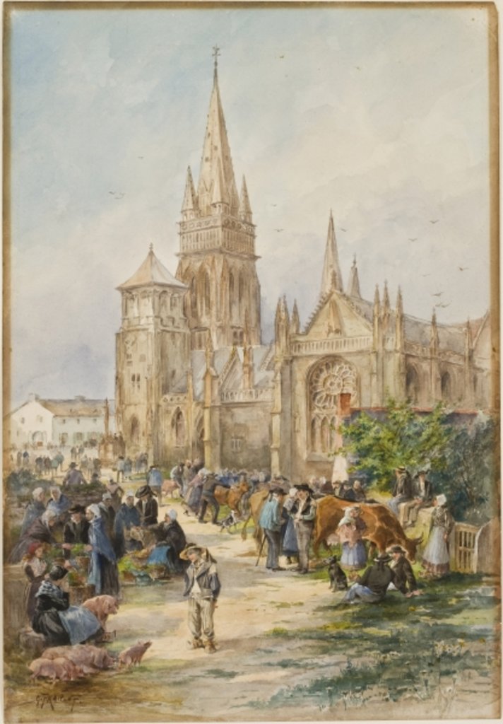 Detail of Market scene at Le Folgoet, Brittany by Gustave Fraipont