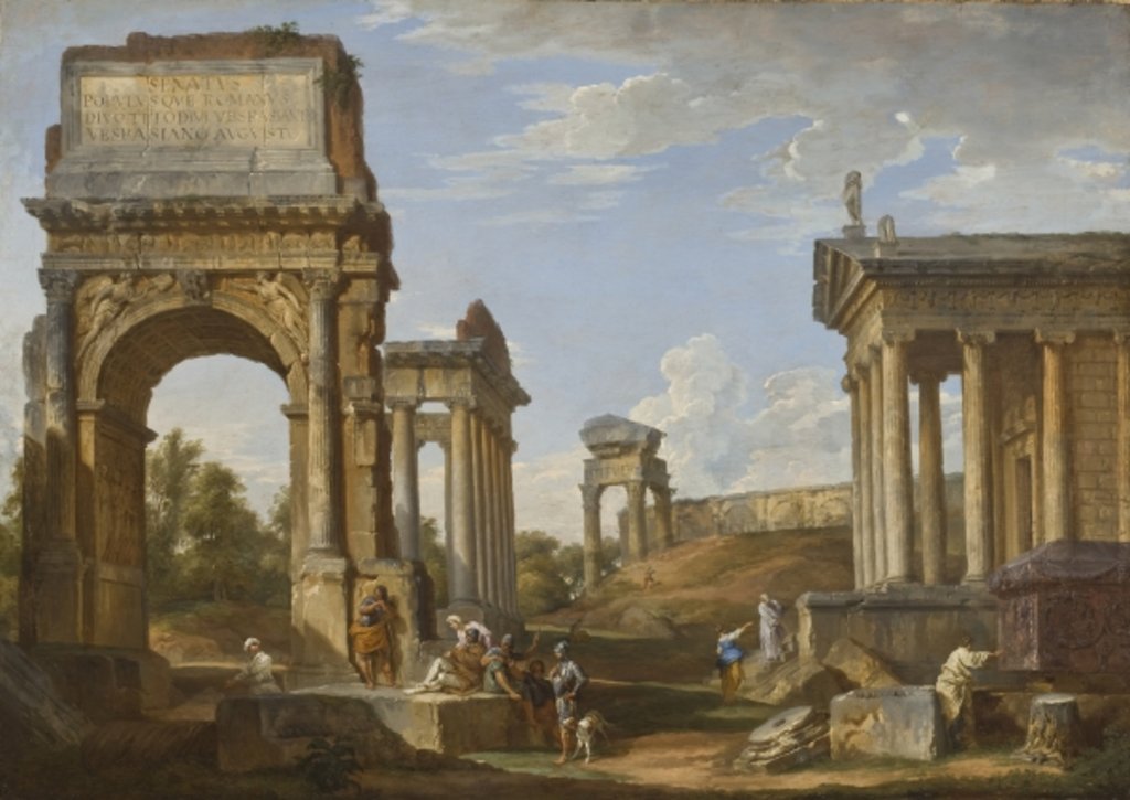 Detail of Roman ruins with the Arch of Titus, 1734 by Giovanni Paolo Pannini or Panini