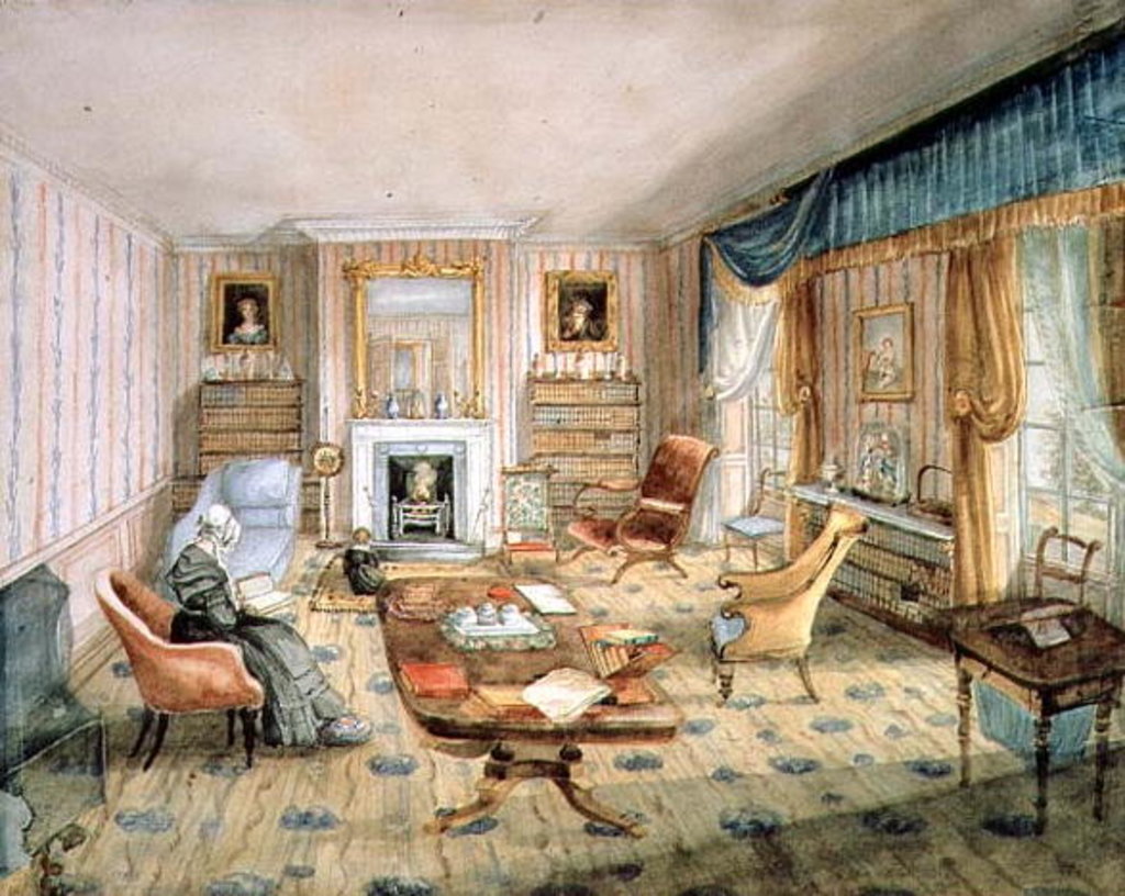 Detail of The Drawing Room, White Barnes, f.55 from an 'Album of Interiors', 1843 by Charlotte Bosanquet