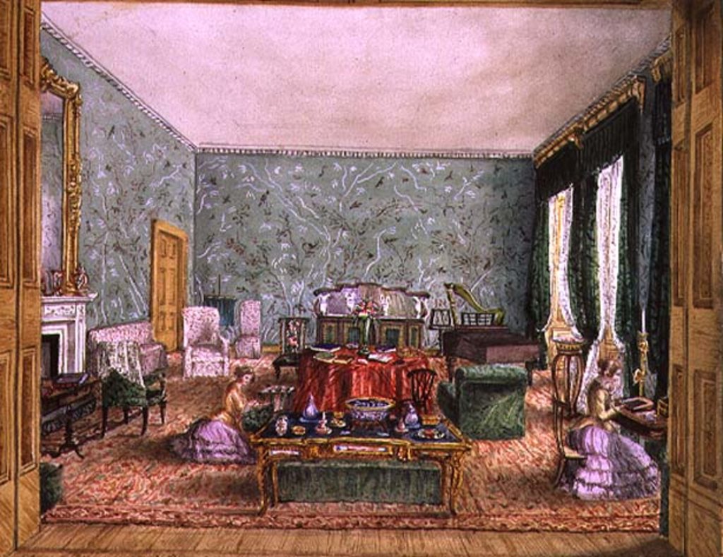 Detail of The Drawing Room at Meesdenbury, f13 from An Album of Interiors, 1843 by Charlotte Bosanquet