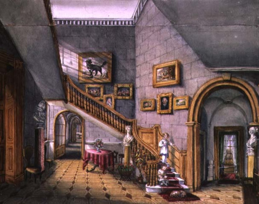 Detail of The Staircase, Strood Park, f26 from An Album of Interiors, 1843 by Charlotte Bosanquet