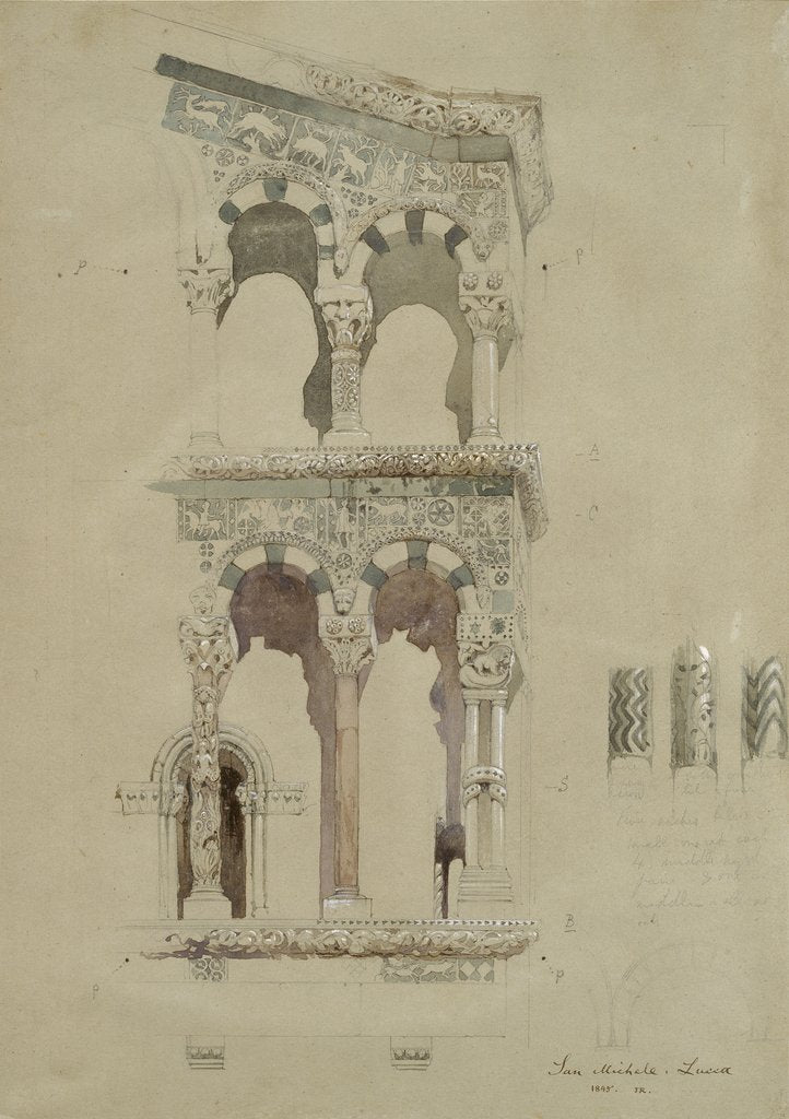 Detail of Part of the Façade of the destroyed Church of San Michele in Foro, Lucca, sketched in Colour, 30 June - 1 July 1846 by John Ruskin