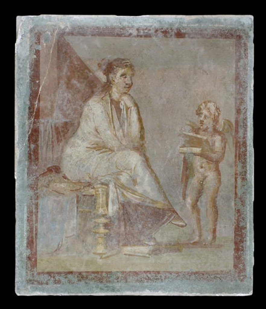 Detail of Framed vignette painted in fresco on a green wall: Cupid reveals the contents of a gilded box to a seated woman, 65-75 AD by Roman