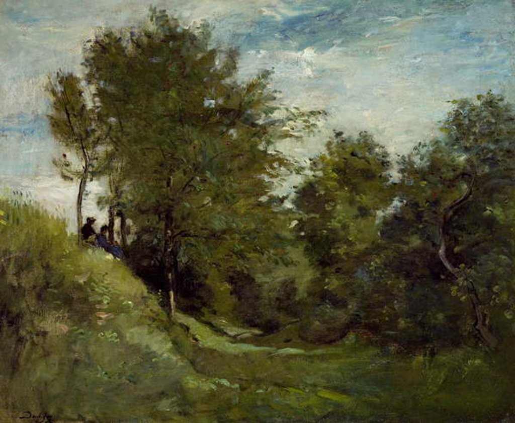 Detail of Landscape with Figures seated on a Bank, late 1870s by Charles Francois Daubigny
