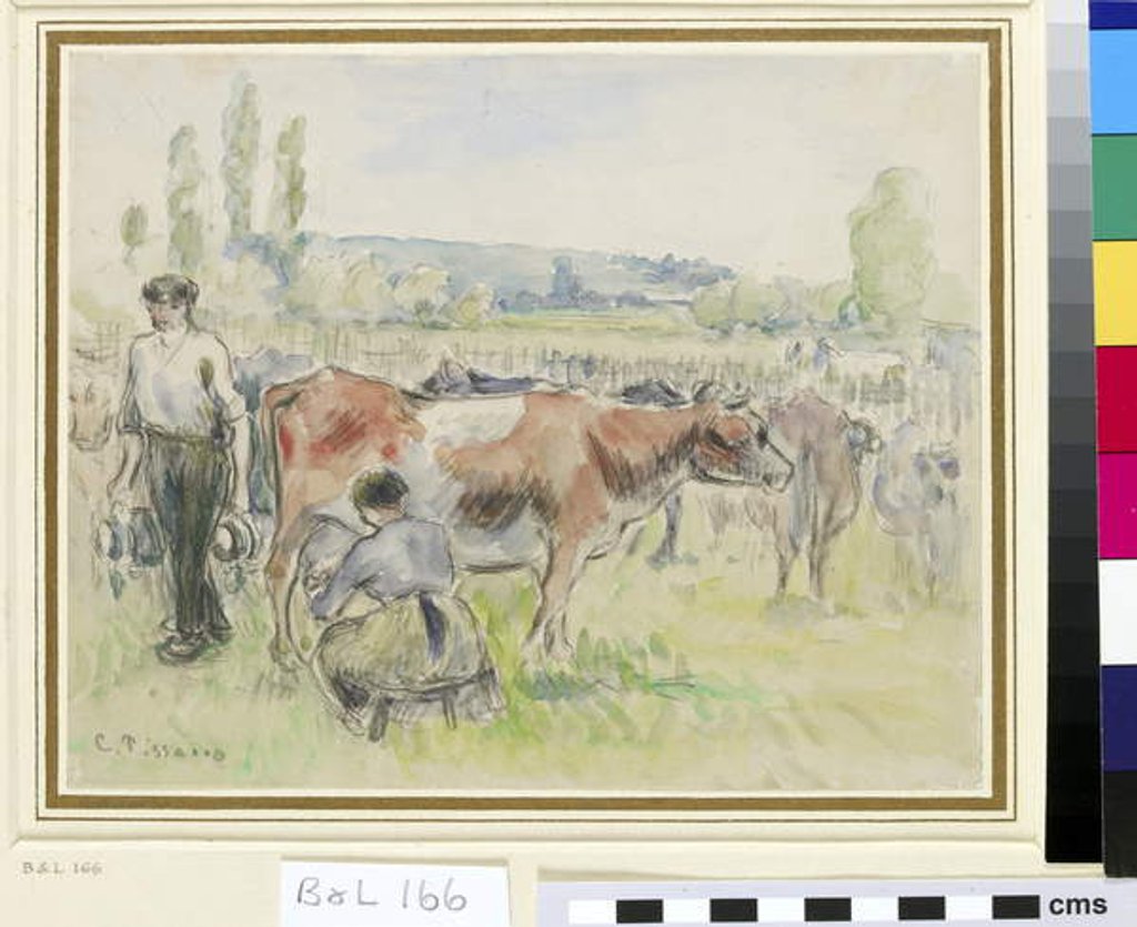Detail of Compositional study of a milking scene at Eragny-sur-Epte by Camille Pissarro