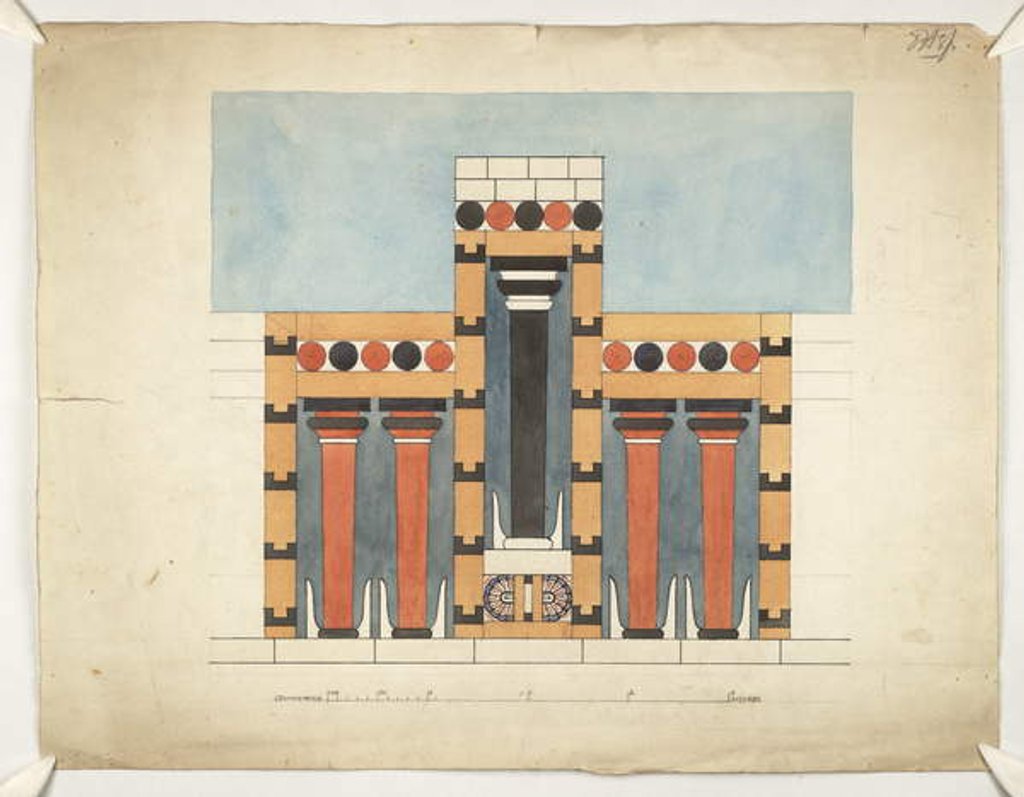 Detail of Painting re-imagining the Central Tri-partite Shrine in the Central Court of the Palace of Minos at Knossos, 1900-30 by Theodore Fyfe
