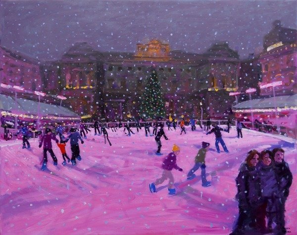 Detail of Christmas skating, Somerset House with pink lights, 2014 by Andrew Macara