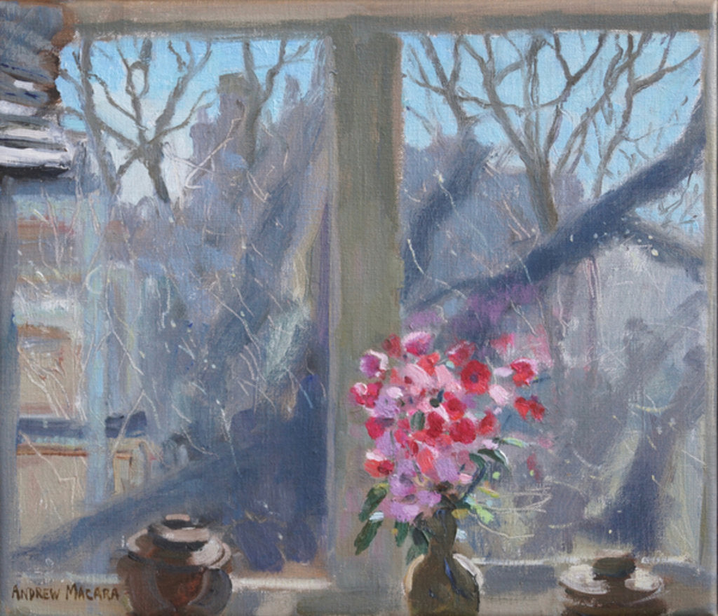 Detail of Sweet peas in the artist's studio, 2017 by Andrew Macara