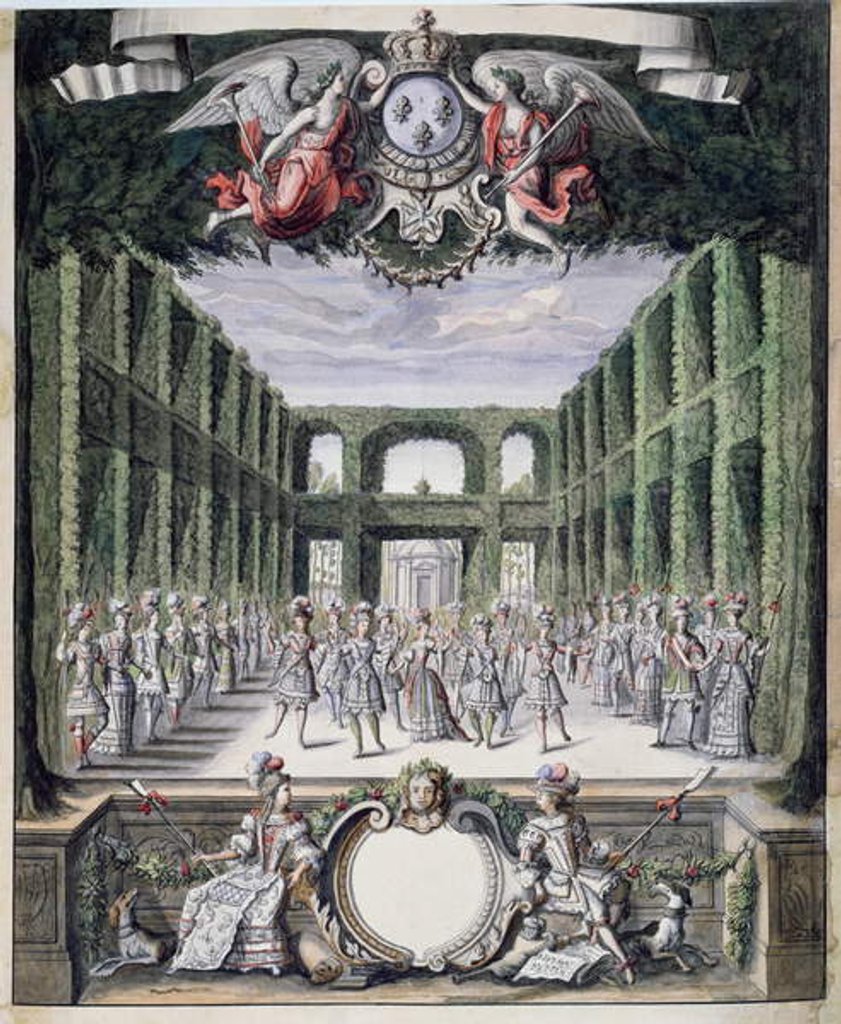 Detail of Set design for an unidentified ballet in a garden, taken from a collection entitled 'Menus Plaisirs du Roi' by French School