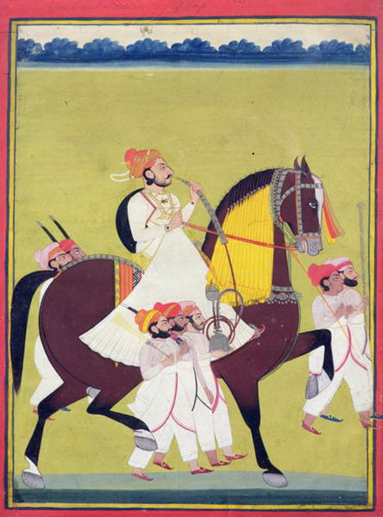 Detail of Portrait of Kumbhawat Kesari Singh of Asop, riding a horse, smoking a hookah and accompanied by attendants, Jodhpur, c.1810-20 by Indian School