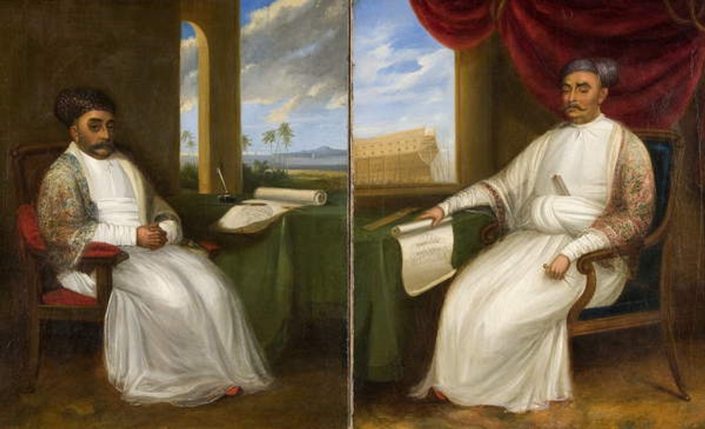 Detail of Full-length portrait of the Parsi Master-Shipbuilder Jamsetjee Bomanjee and his son, Nourojee Jamsetsee, 1830 by Indian School
