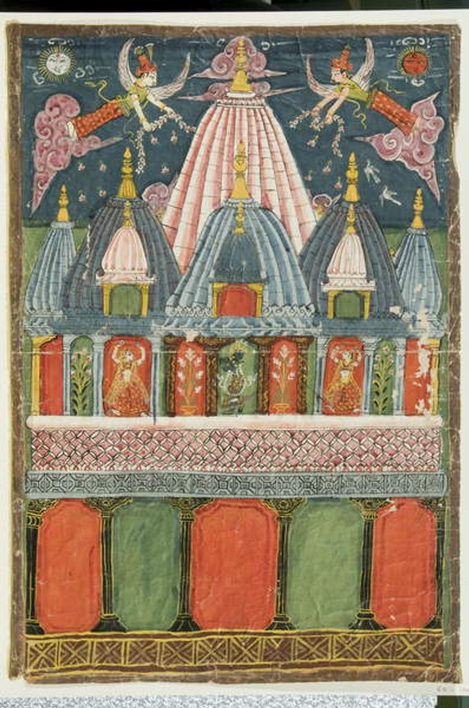 Detail of A temple containing an image of Venu-gopala-krishna with two dancing girls performing for the deity, 1823 by Indian School