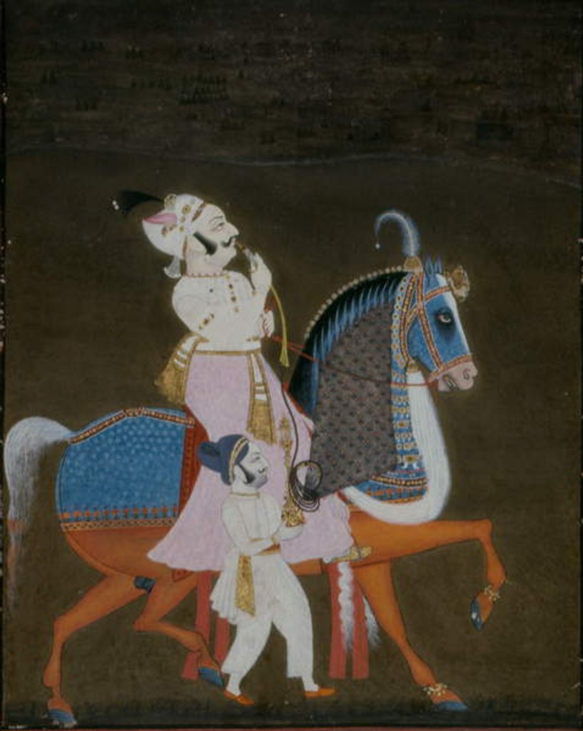 Detail of Nobleman of Mewar riding Mrigarao with an attendant on foot, 1820 by Indian School