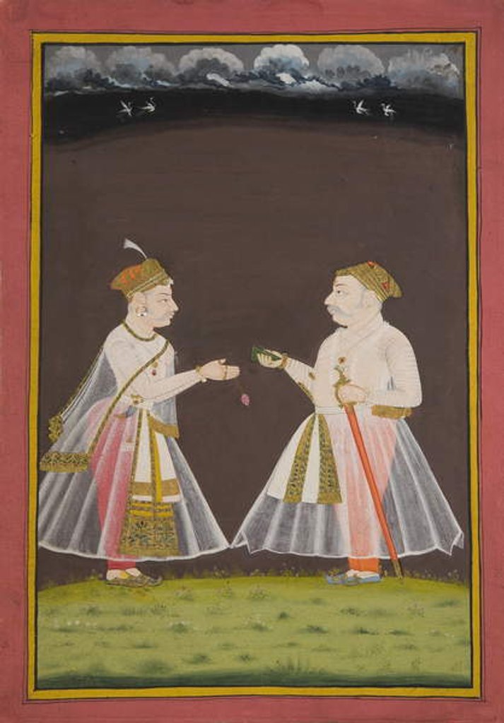 Detail of Probably a portrait of Rana Raj Singh of Udaipur offering pan to a nobleman, 1820 by Indian School