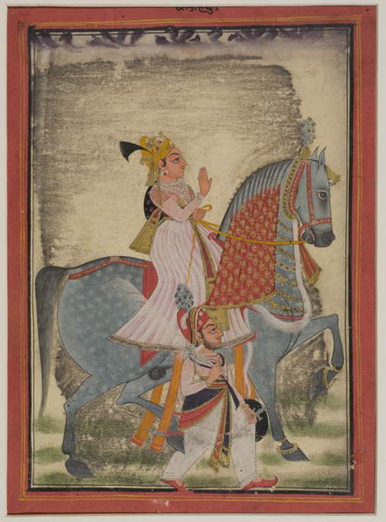 Detail of Nobleman of Mewar riding Nur accompanied by a sais on foot, 1820 by Indian School