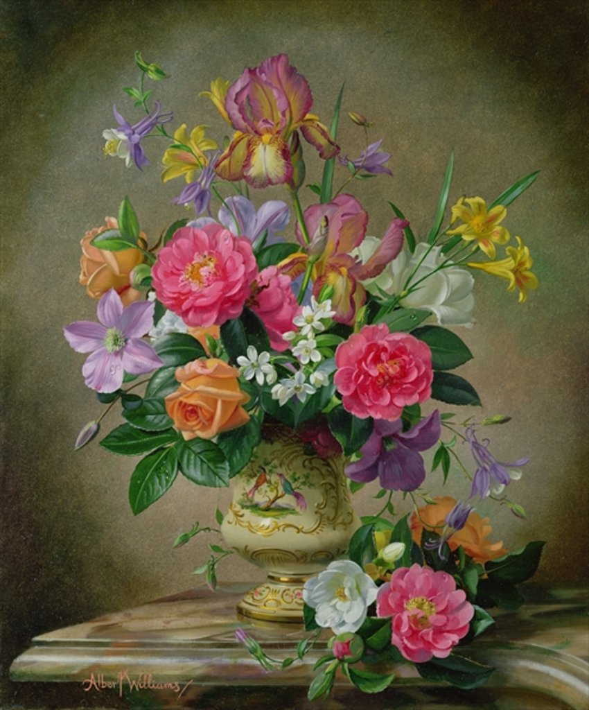 Detail of Peonies and irises in a ceramic vase by Albert Williams