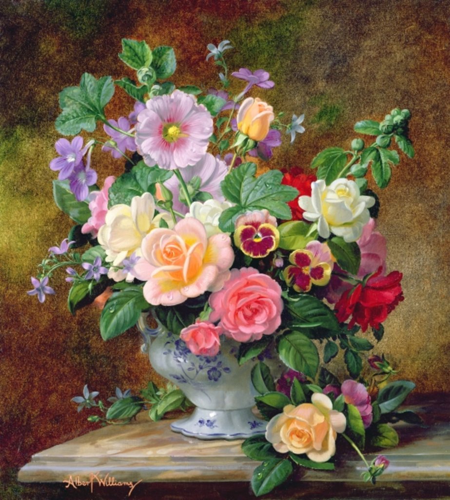 Detail of Roses, pansies and other flowers in a vase by Albert Williams
