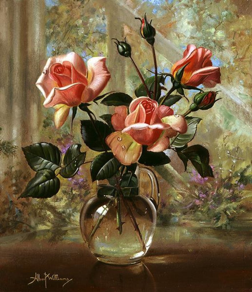 Detail of Madame Butterfly Roses in a Glass Vase by Albert Williams