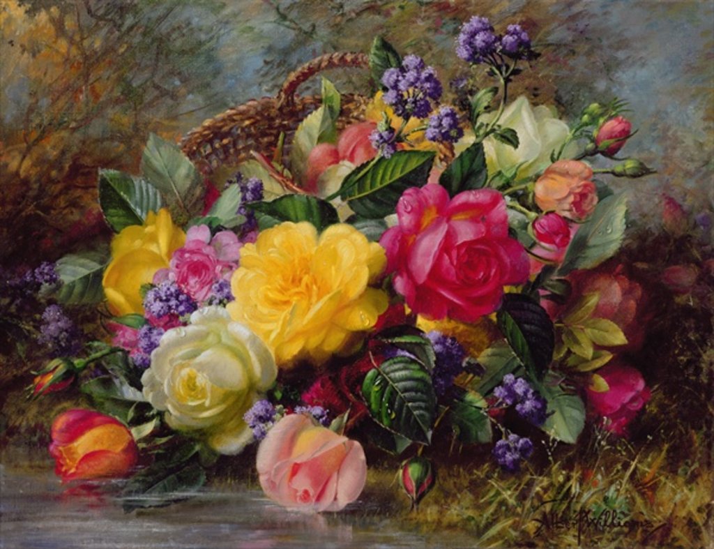 Detail of Roses by a Pond on a Grassy Bank by Albert Williams