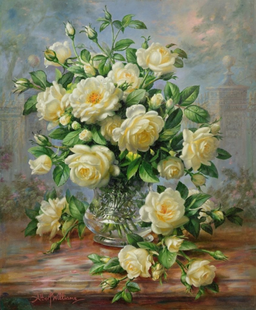 Detail of Princess Diana Roses in a Cut Glass Vase by Albert Williams