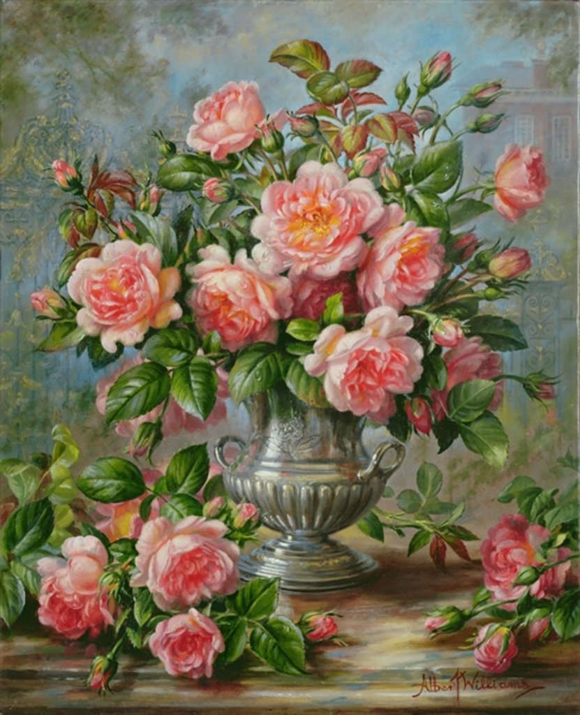Detail of English Elegance Roses in a Silver Vase by Albert Williams