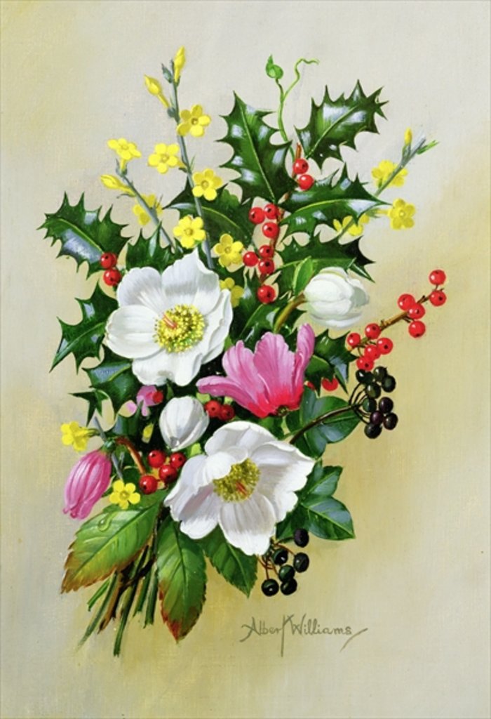 Detail of Spray of Dogrose, Holly, Mistletoe and Larkspur by Albert Williams