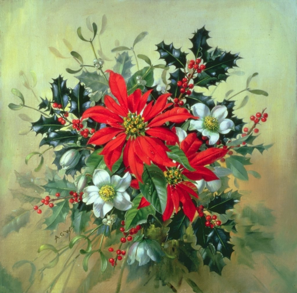 Detail of A Christmas arrangement with holly, mistletoe and other winter flowers by Albert Williams