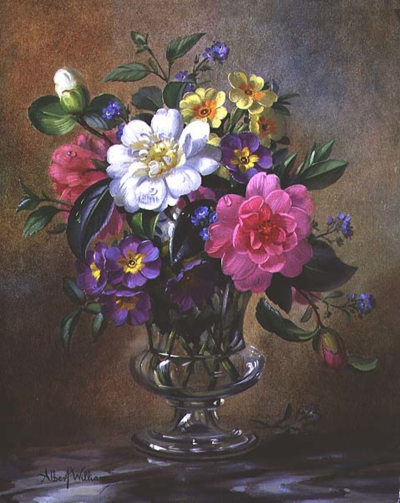 Detail of AB/217 Forget-me-nots and primulas in glass vase by Albert Williams