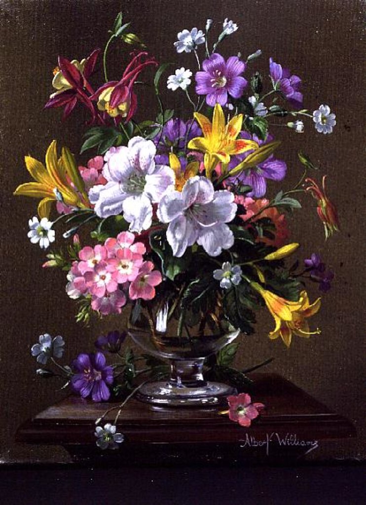 Detail of AW/214 Summer arrangement in a glass vase by Albert Williams