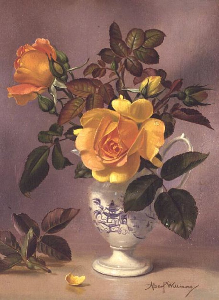 Detail of Orange Roses in a blue and white jug by Albert Williams