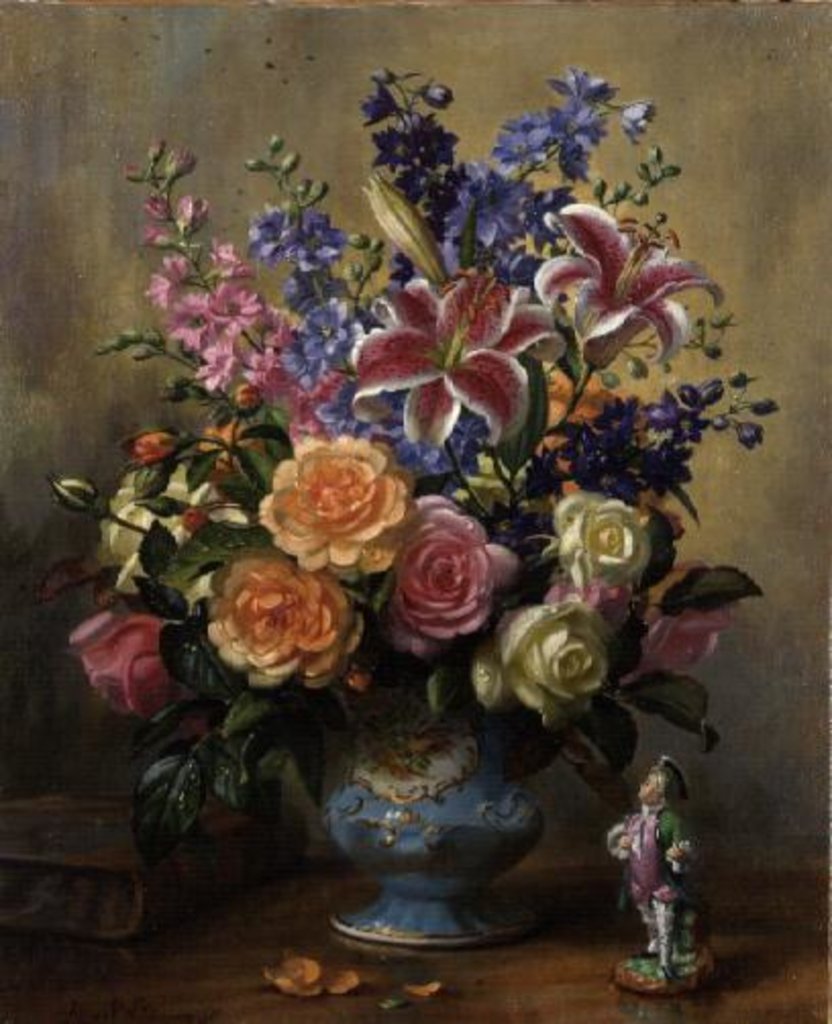 Detail of AB250 Still Life of Roses, Lilies and Delphiniums by Albert Williams