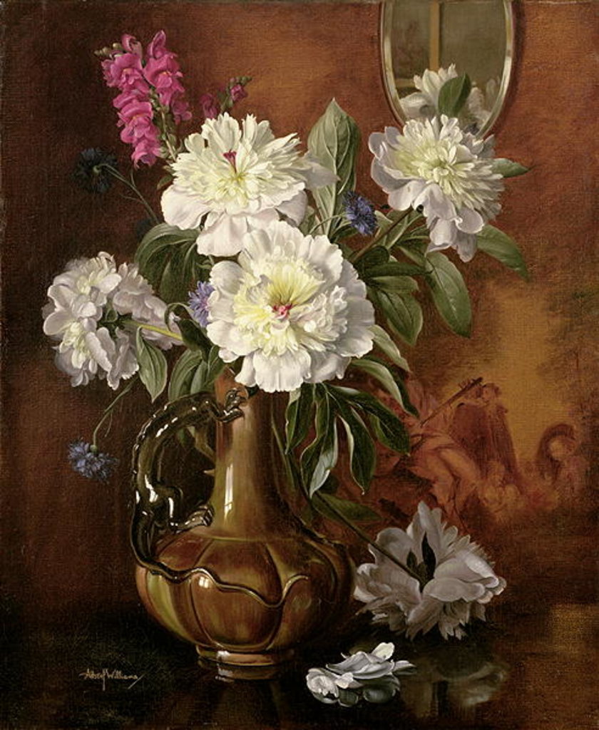 Detail of AB/298 White Peonies in a Glazed Victorian Vase by Albert Williams