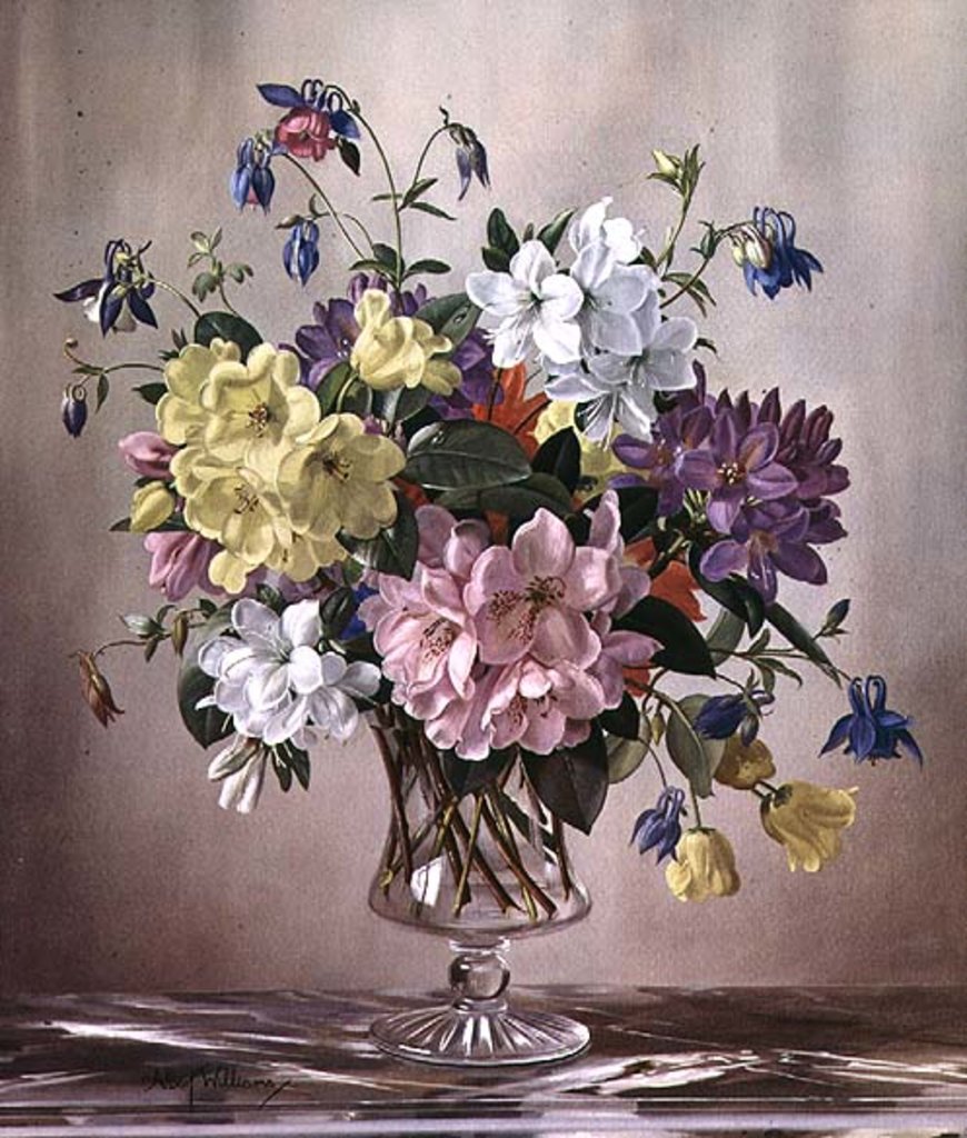 Detail of PB/321 Rhododendrons, Azaleas and Columbine in a Glass Vase by Albert Williams