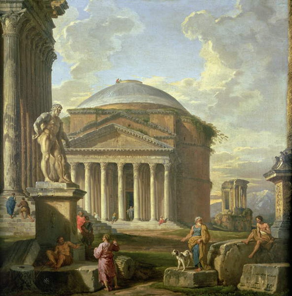Detail of View of the Pantheon, the Farnese Hercules and other Roman Ruins by Giovanni Paolo Pannini or Panini