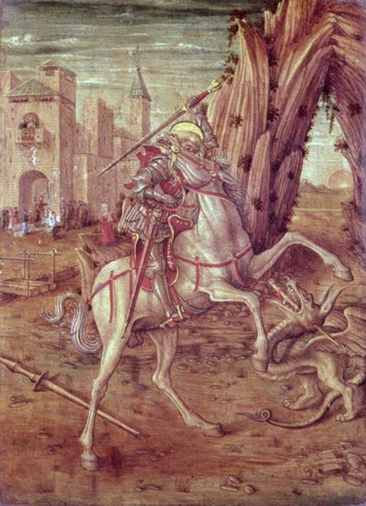 Detail of St. George and the Dragon, scene from the predella panel of the 'Madonna della Rondine' altarpiece, after 1490 by Carlo Crivelli